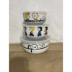 Snoopy Peanuts & The Gang Christmas Ceramic Food Storage Bowls W/ Lids